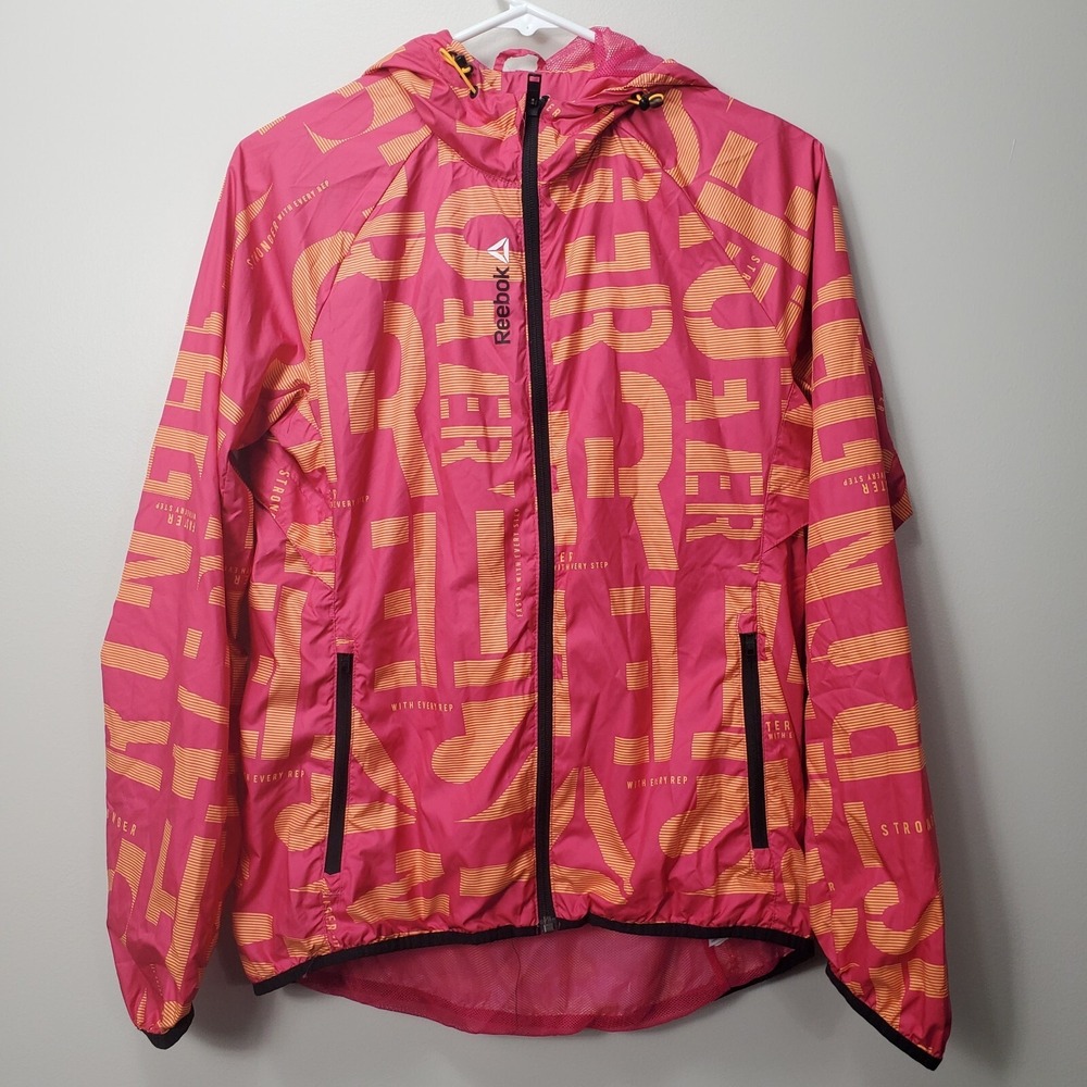 Reebok Women Sz S Windbreaker Running Jacket Zip Hoodie Activewear Pink Orange